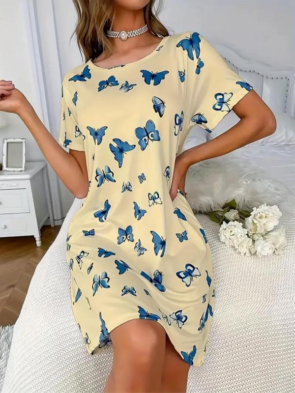 Women's Butterfly Print Round Neck Tee Dress, Casual Short Sleeve Crew Neck Nightgown for All Seasons, Fashion Ladies' Sleepwear for Daily Wear