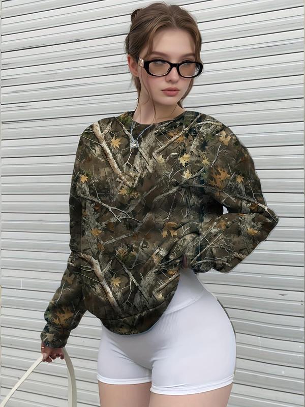 Women's Camo Print Drop Shoulder Pullover, Casual Long Sleeve Round Neck Sweatshirt for Spring & Fall, Women's Clothes for Daily Wear