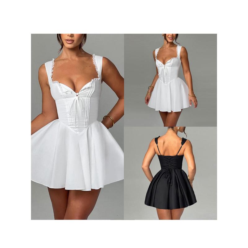 Women's Mini Corset Dress A-Line Deep V Neck Backless Ruffle Hem Sleeveless Dress for Party Club Formal Lady