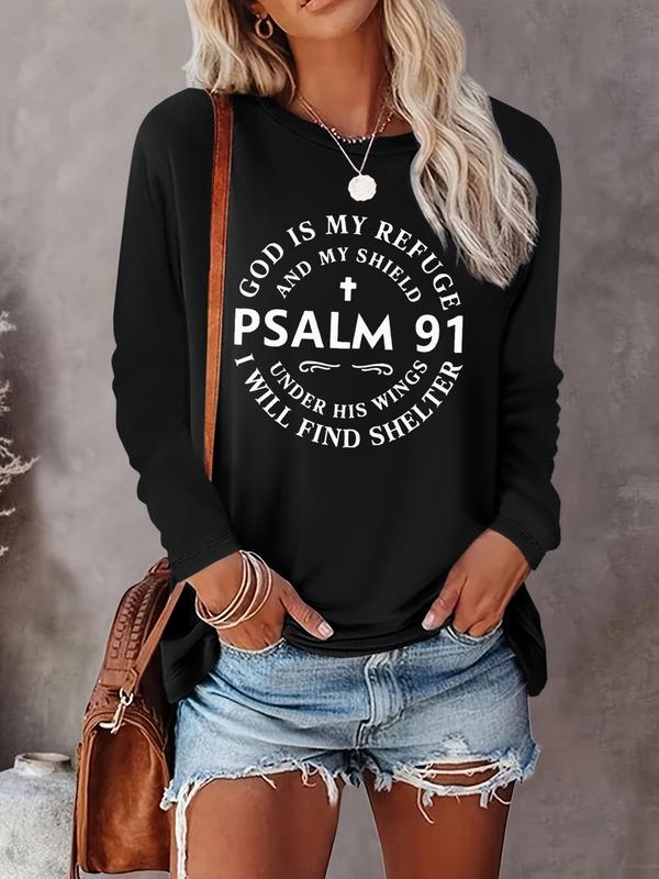 Women's Letter Print Round Neck Tee, Casual Long Sleeve Crew Neck T-shirt for Fall & Winter, Women's Top for Daily Wear