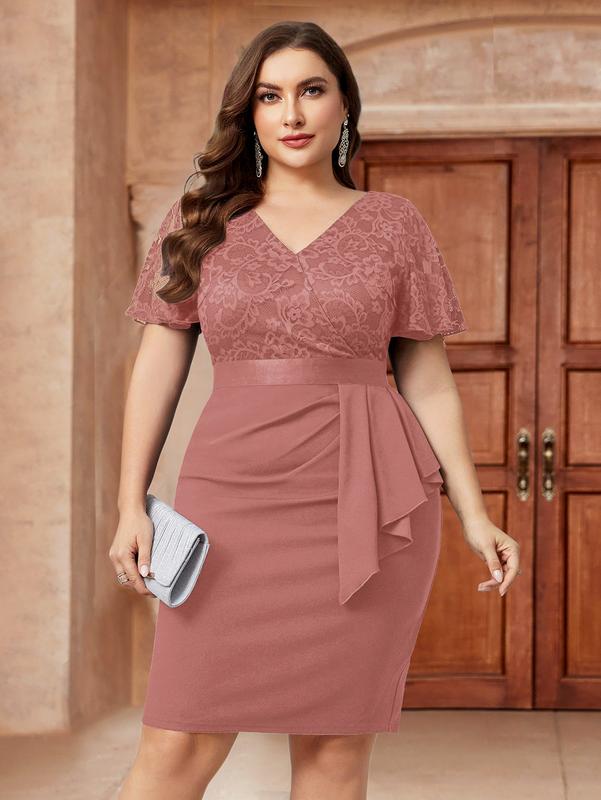 MISSMAY Women's Plus Size Comfort Lace Contrast V Neck Wedding Guest Elegant Butterfly Sleeve Cocktail Dress P53260