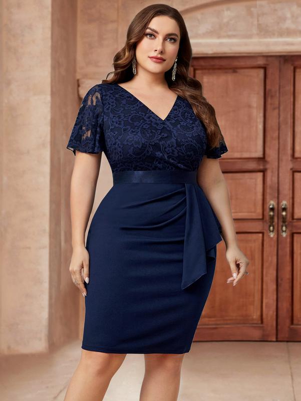 MISSMAY Women's Plus Size Comfort Lace Contrast V Neck Wedding Guest Elegant Butterfly Sleeve Cocktail Dress P53260