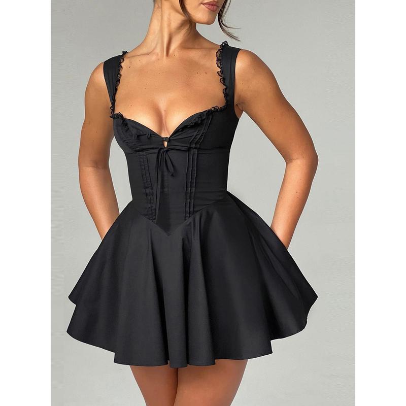 Women's Mini Corset Dress A-Line Deep V Neck Backless Ruffle Hem Sleeveless Dress for Party Club Formal Lady