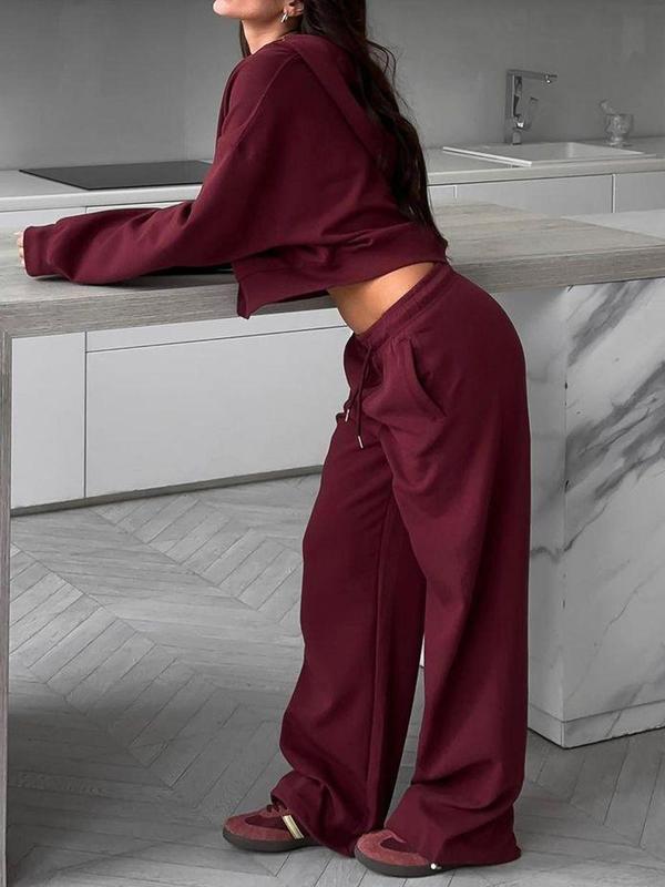 Women's Solid Zip Up Crop Hoodie & Drawstring Waist Wide Leg Pants Two-piece Set, Casual Fashion Drop Shoulder Long Sleeve Top & Pocket Trousers for Daily Outdoor Wear, Winter 2 Piece Sets, Women's Clothing for Spring & Fall