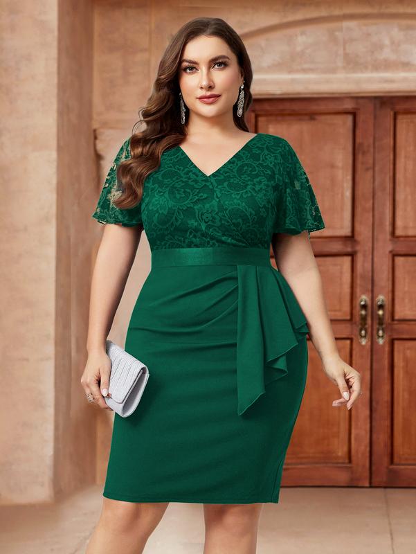 MISSMAY Women's Plus Size Comfort Lace Contrast V Neck Wedding Guest Elegant Butterfly Sleeve Cocktail Dress P53260