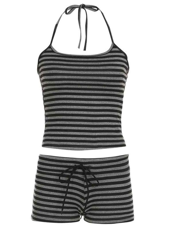 Women's Striped Print Halter Neck Top & Shorts Two-piece Set, Casual Sleeveless Top & Shorts for Summer, Ladies Clothes for Daily Wear