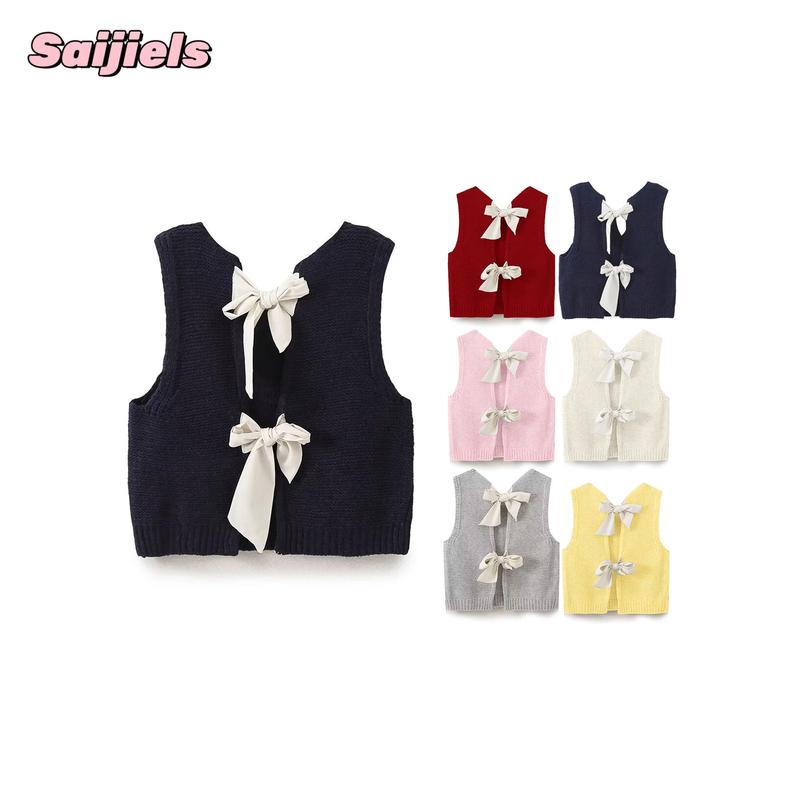 Women's Fall Knit Waistcoat Bow Tie Back Sweater VestFit Tank Tops Streetwear Cotton Womenswear Lady Comfort