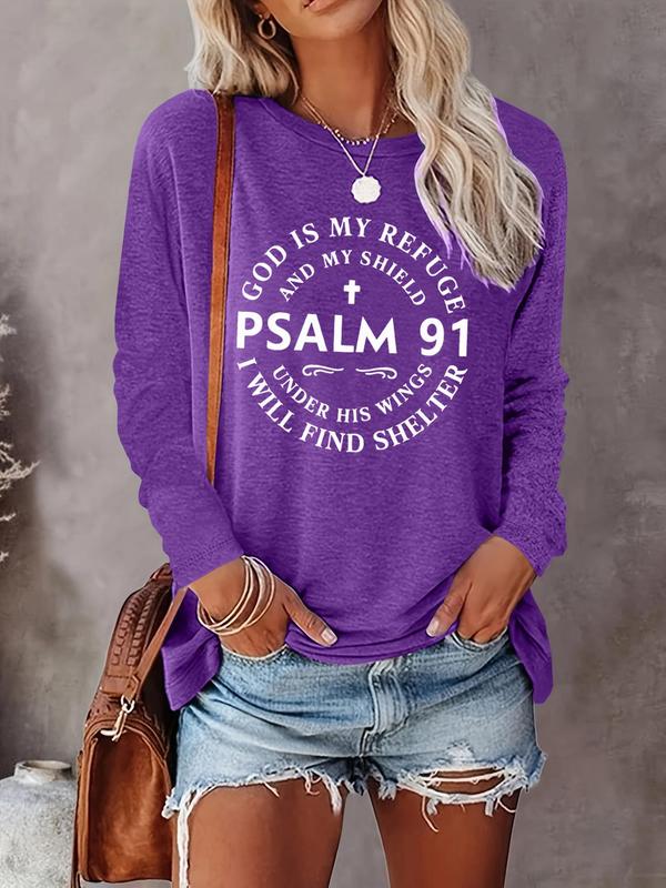 Women's Letter Print Round Neck Tee, Casual Long Sleeve Crew Neck T-shirt for Fall & Winter, Women's Top for Daily Wear