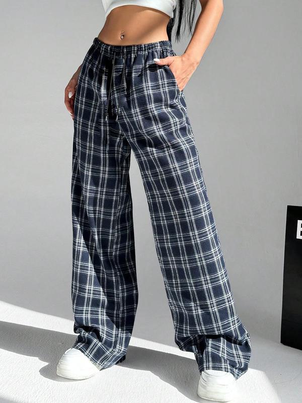 Women's Plaid Print Drawstring Waist Lounge Pants, Casual Comfy Pocket Trousers for Daily Wear, Ladies Sleepwear for All Seasons