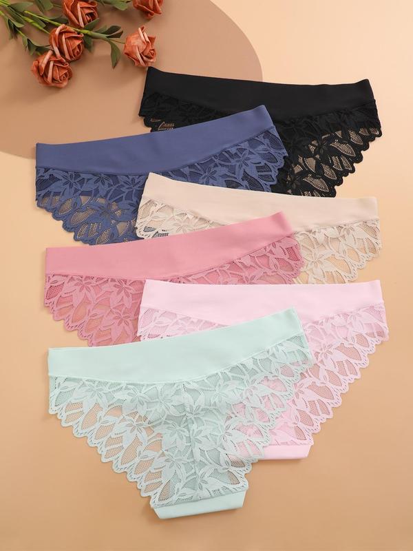 Women's Contrast Lace Drop Waist Panty, Soft Comfy Breathable Seamless Knicker for Daily Wear, Ladies Underwear for All Seasons