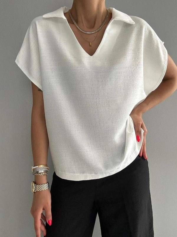 Women's Plain Batwing Sleeve Blouse, Casual Short Sleeve Collar Top, Ladies Clothes for Daily Wear, Summer Outfits 2024