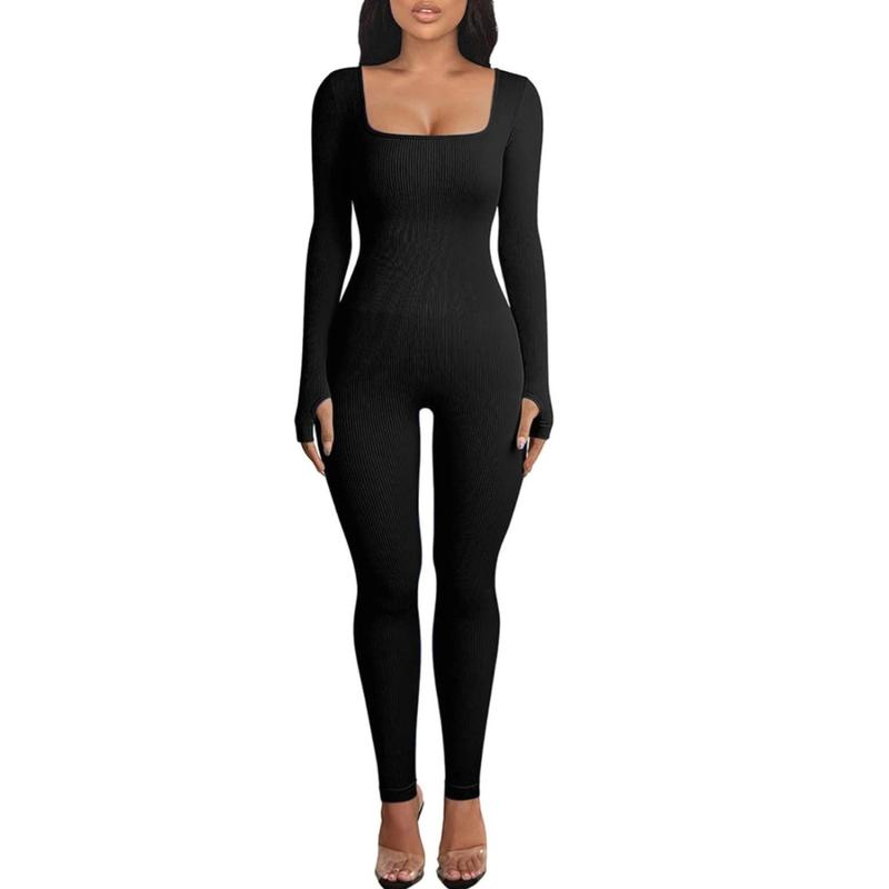 Women Yoga Jumpsuits Workout Ribbed Long Sleeve Sport Jumpsuits Long Sleeve Unitard Casual Yoga Rompers High Waisted One Piece Workout Bodycon