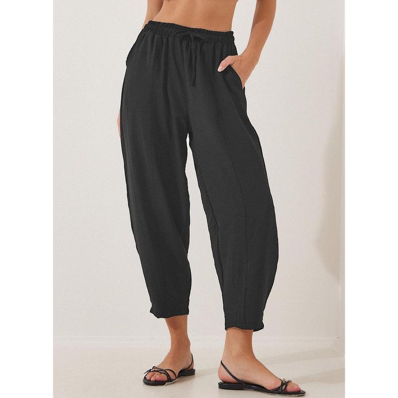 EVALESS Women's Summer High Waisted Baggy Pants Casual Ankle Length Trouser Slacks with Pockets