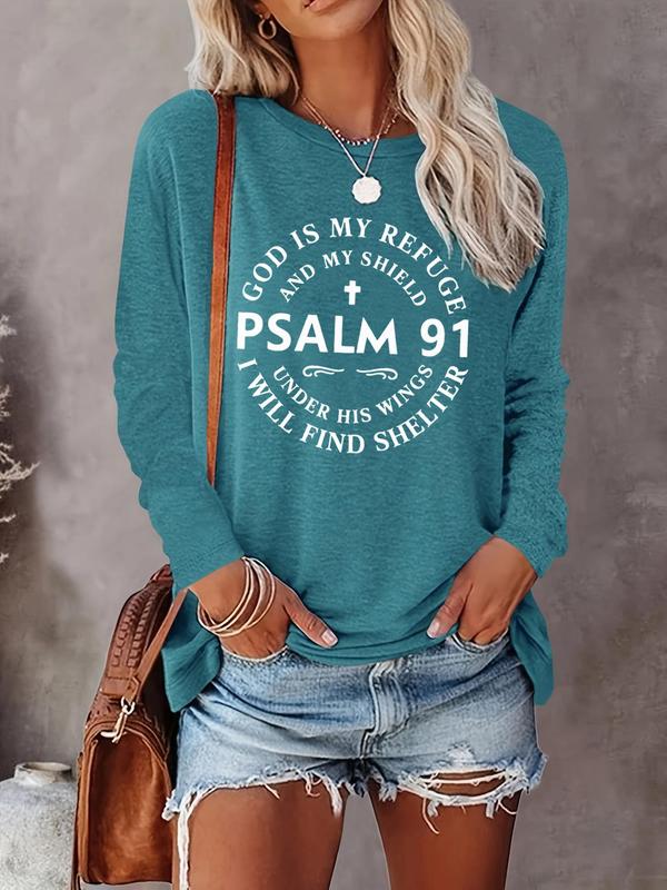 Women's Letter Print Round Neck Tee, Casual Long Sleeve Crew Neck T-shirt for Fall & Winter, Women's Top for Daily Wear