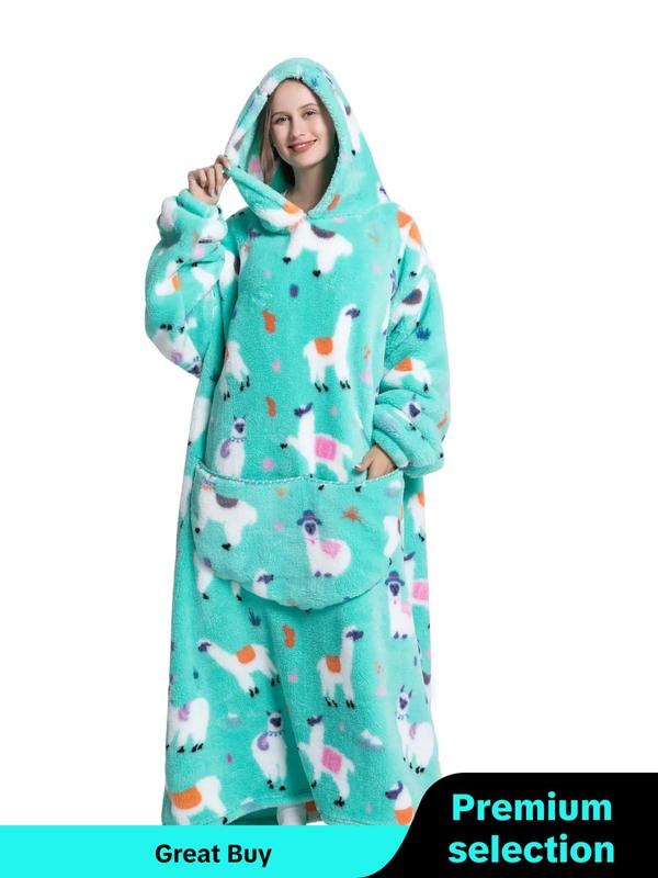 Women's All Over Cartoon Print Pocket Plush Hooded Loungewear, Casual Warm Drop Shoulder Long Sleeve Halloween Sleepwear for Fall & Winter, Stylish Loungewear Women, Halloween Pajamas, Sleepwear for Women