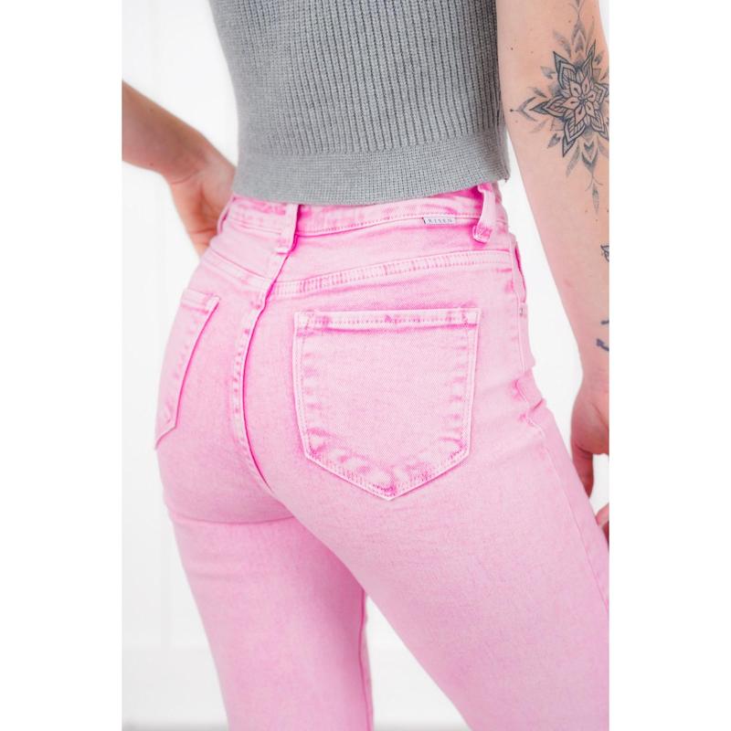 Risen Shake it Off High Rise Acid Wash Pink Tummy Control Raw Hem Straight Leg Jeans With Side Slit