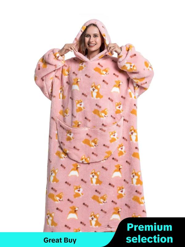 Women's All Over Cartoon Print Pocket Plush Hooded Loungewear, Casual Warm Drop Shoulder Long Sleeve Halloween Sleepwear for Fall & Winter, Stylish Loungewear Women, Halloween Pajamas, Sleepwear for Women