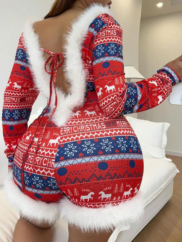  Christmas Print Contrast Faux Fur Tie Back Skinny Romper, Casual Long Sleeve V Neck Backless Romper for Spring & Fall, Women's Clothes for Daily Wear