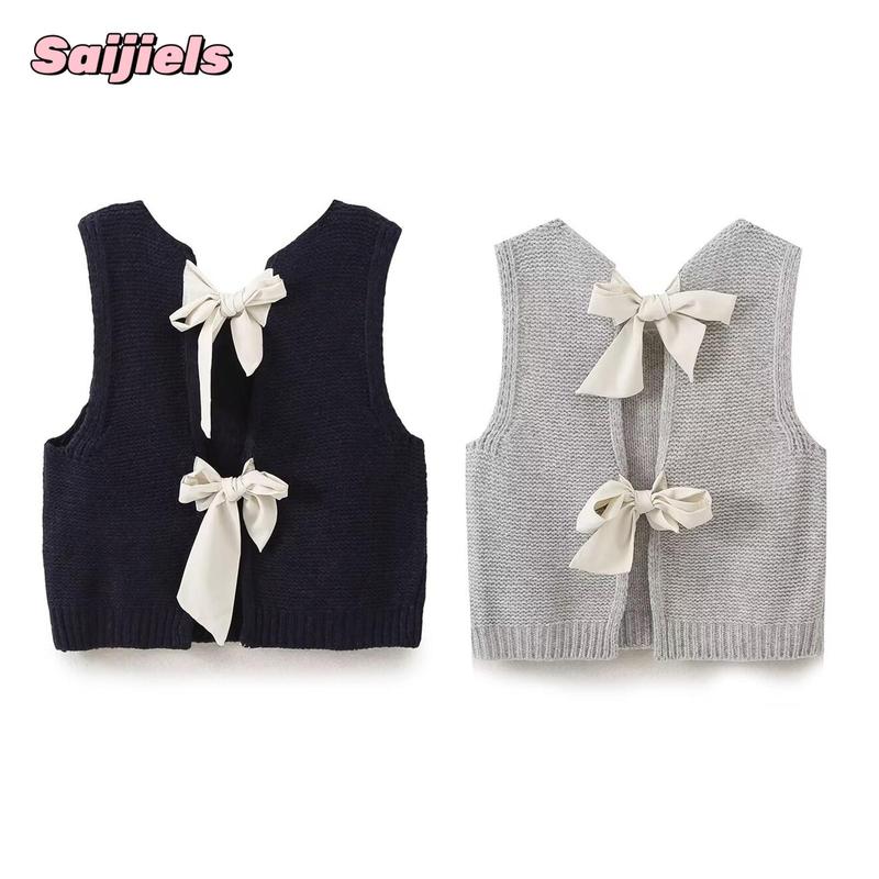 Women's Fall Knit Waistcoat Bow Tie Back Sweater VestFit Tank Tops Streetwear Cotton Womenswear Lady Comfort