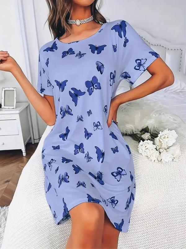 Women's Butterfly Print Round Neck Tee Dress, Casual Short Sleeve Crew Neck Nightgown for All Seasons, Fashion Ladies' Sleepwear for Daily Wear