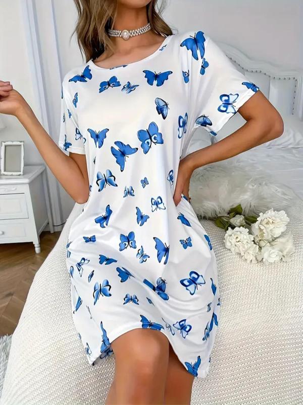 Women's Butterfly Print Round Neck Tee Dress, Casual Short Sleeve Crew Neck Nightgown for All Seasons, Fashion Ladies' Sleepwear for Daily Wear