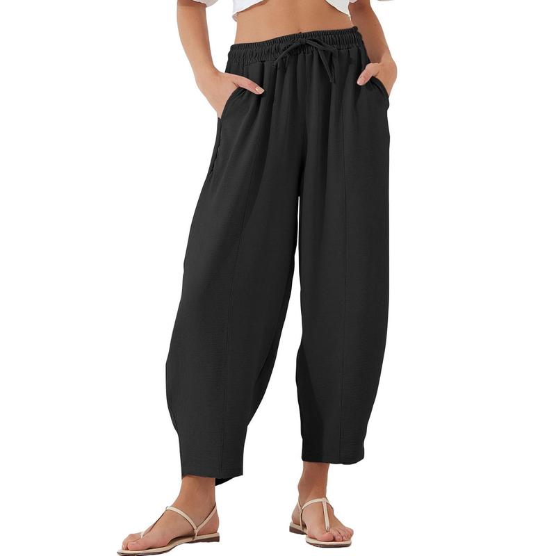 EVALESS Women's Summer High Waisted Baggy Pants Casual Ankle Length Trouser Slacks with Pockets