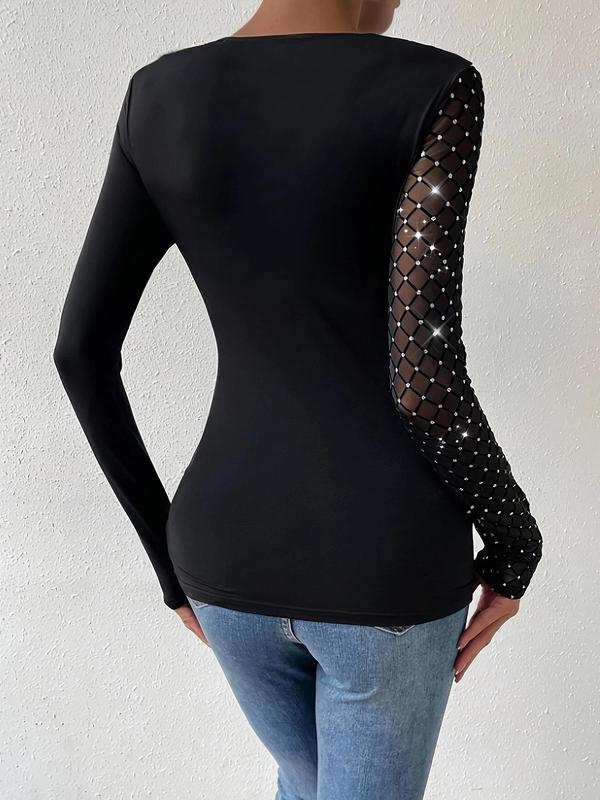 Women's Rhinestone Decor Round Neck Long Sleeve Tee, Fashion Casual Contrast Mesh Crew Neck T-shirt for Daily Outdoor Wear, Ladies Clothes for All Seasons