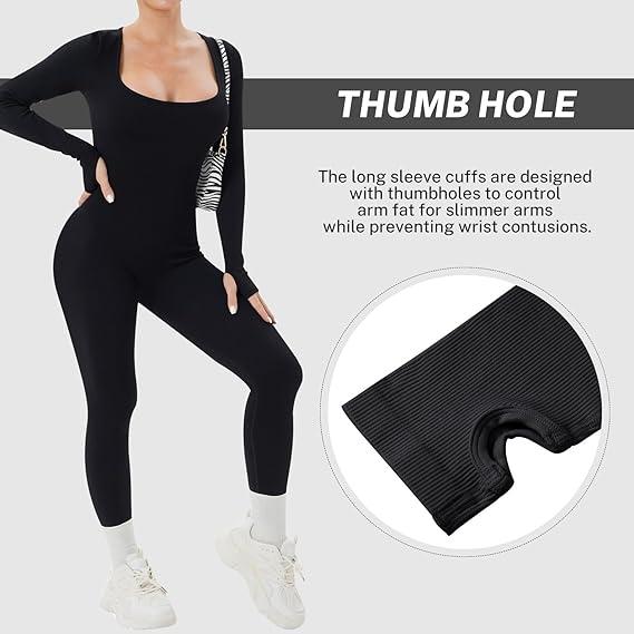 Women Yoga Jumpsuits Workout Ribbed Long Sleeve Sport Jumpsuits Long Sleeve Unitard Casual Yoga Rompers High Waisted One Piece Workout Bodycon