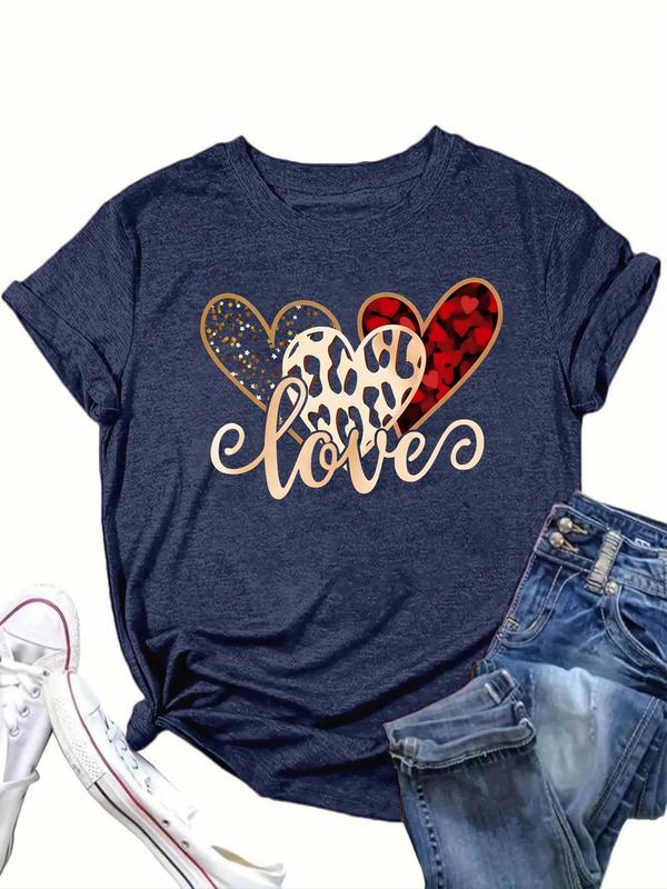  Heart & Letter Print Round Neck Tee, Casual Short Sleeve Crew Neck T-shirt for Daily Wear, Women Clothing for All Seasons