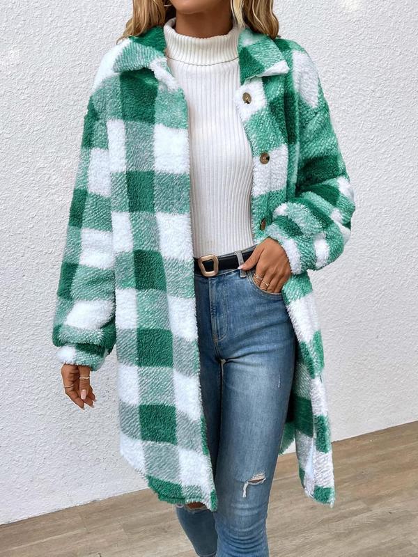 Women's Plaid Print Button Front Drop Shoulder Plush Coat, Casual Long Sleeve Collared Outerwear for Fall & Winter, Ladies Clothes for Daily Wear