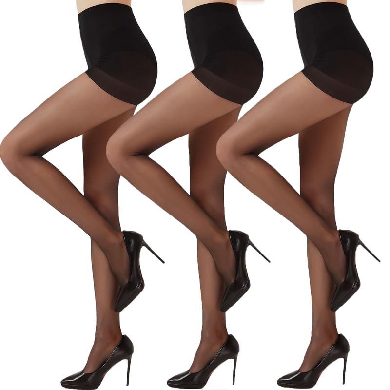 3 Pairs Black Sheer Tights for Women - 20D Not Rip Control Top Pantyhose with Reinforced Toes - Resist Tears