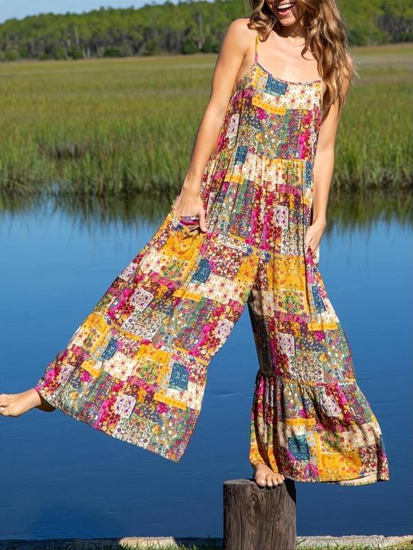 Women's Ditsy Floral Print Patchwork Pocket Cami Jumpsuit, Boho Ruffle Hem Adjustable Strap Wide Leg Jumpsuit for Daily Wear, Ladies Summer Clothes