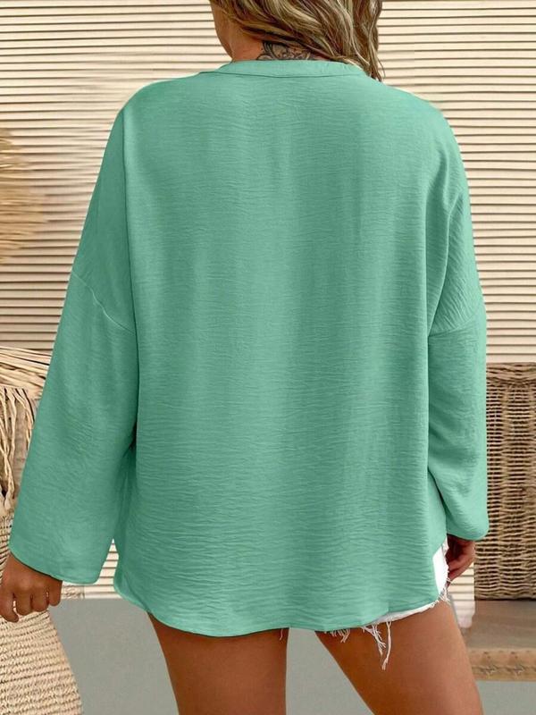  Solid Notched Neck Drop Shoulder Blouse, Casual Long Sleeve Top for Spring & Fall, Women's Clothes for Daily Wear