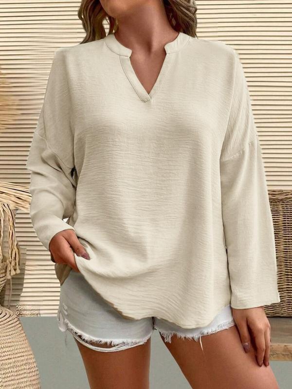  Solid Notched Neck Drop Shoulder Blouse, Casual Long Sleeve Top for Spring & Fall, Women's Clothes for Daily Wear