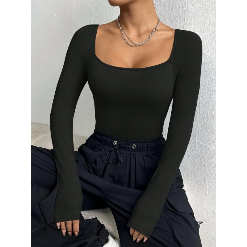 Square Neck Solid Color Bodysuit, Versatile Long Sleeve One-piece Bodysuit, Women's Clothing