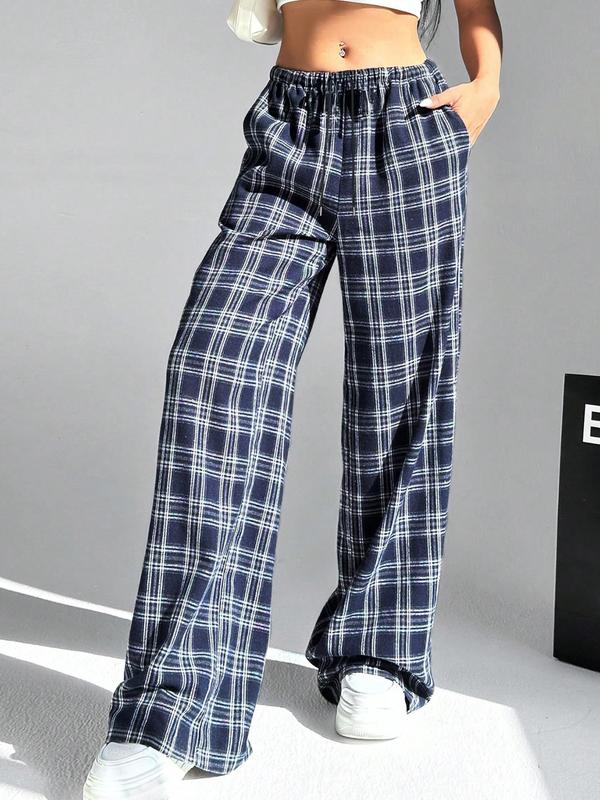 Women's Plaid Print Drawstring Waist Lounge Pants, Casual Comfy Pocket Trousers for Daily Wear, Ladies Sleepwear for All Seasons