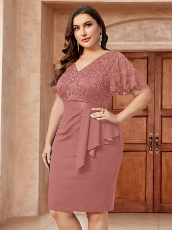 MISSMAY Women's Plus Size Comfort Lace Contrast V Neck Wedding Guest Elegant Butterfly Sleeve Cocktail Dress P53260