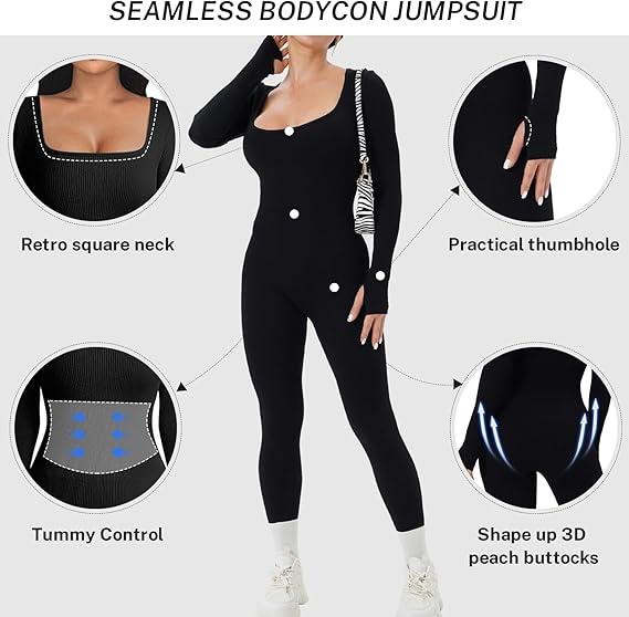 Women Yoga Jumpsuits Workout Ribbed Long Sleeve Sport Jumpsuits Long Sleeve Unitard Casual Yoga Rompers High Waisted One Piece Workout Bodycon