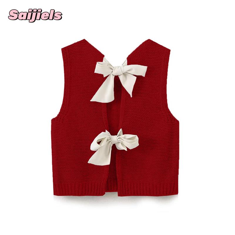 Women's Fall Knit Waistcoat Bow Tie Back Sweater VestFit Tank Tops Streetwear Cotton Womenswear Lady Comfort