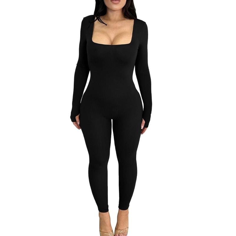 Women Yoga Jumpsuits Workout Ribbed Long Sleeve Sport Jumpsuits Long Sleeve Unitard Casual Yoga Rompers High Waisted One Piece Workout Bodycon