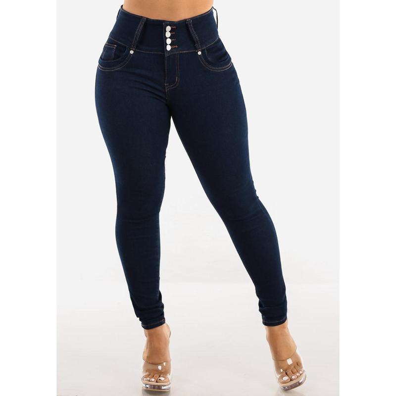 Dark Wash High Waist Butt Lifting Skinny Jeans w Pocket Design