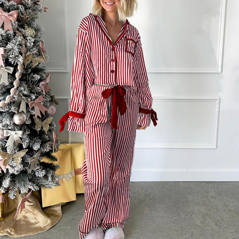 Christmas Pajamas Striped Button Shirt Bow Tie Long Sleeve Shirt Top + Wide Leg Pants Women's Holiday Casual Pajamas