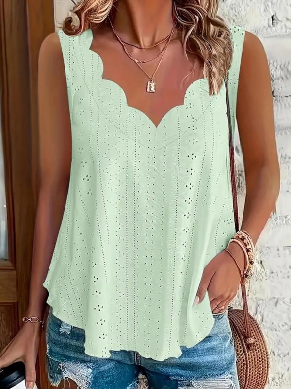 Plus Size Eyelet Embroidery Scallop Trim V Neck Tank Top, Casual Solid Sleeveless Top for Summer, Women's Plus Clothing for Daily Wear