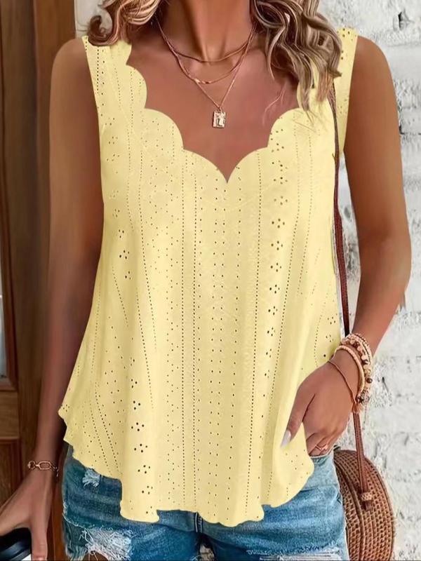 Plus Size Eyelet Embroidery Scallop Trim V Neck Tank Top, Casual Solid Sleeveless Top for Summer, Women's Plus Clothing for Daily Wear