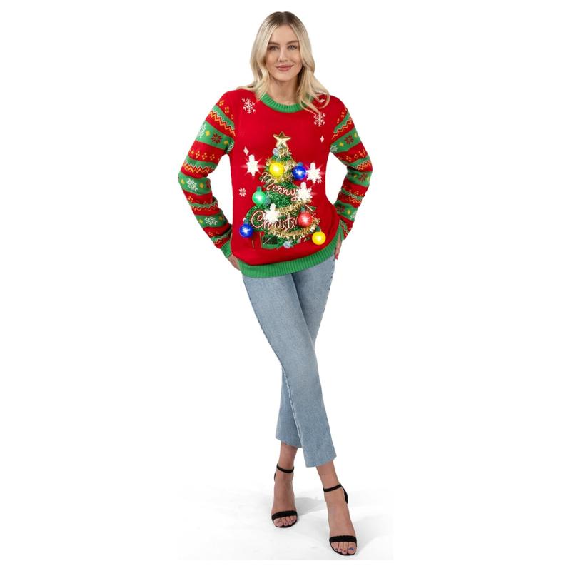 Giggling Getup Ugly Sweater Christmas Women Light Up with Funny 3D Christmas Tree, Red Xmas Knitted Pattern Sweater