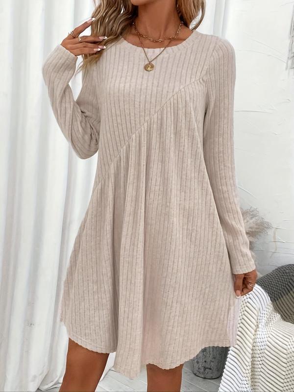 Women's Solid Ribbed Long Sleeve Dress, Elegant Round Neck A Line Dress for Spring & Fall, Women's Clothing for Daily Wear