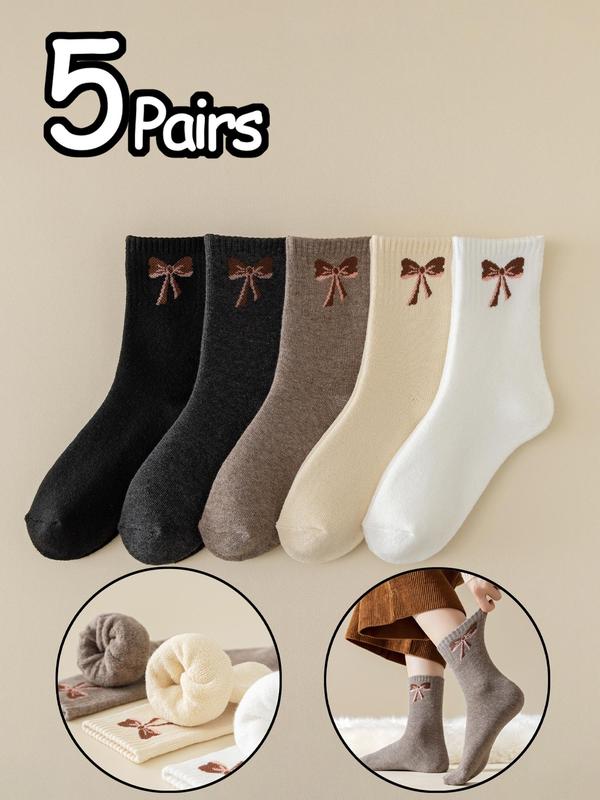 Women's Bow Print Thickened Crew Socks, Casual Soft Comfy Breathable Mid-calf Socks for Fall & Winter, Women's Socks for Daily Wear