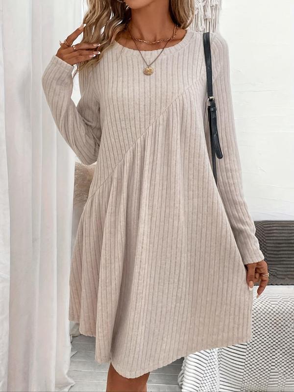 Women's Solid Ribbed Long Sleeve Dress, Elegant Round Neck A Line Dress for Spring & Fall, Women's Clothing for Daily Wear