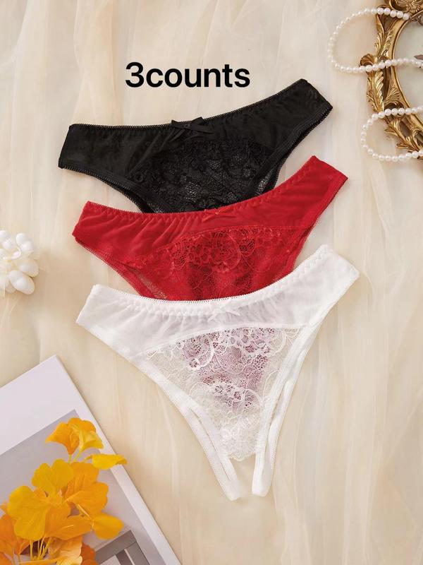 Women's Floral Lace Bow Decor Cut Out Sexy Panty, Soft Comfy Breathable Crotchless Knicker for Daily Wear, Women's Underwear for All Seasons