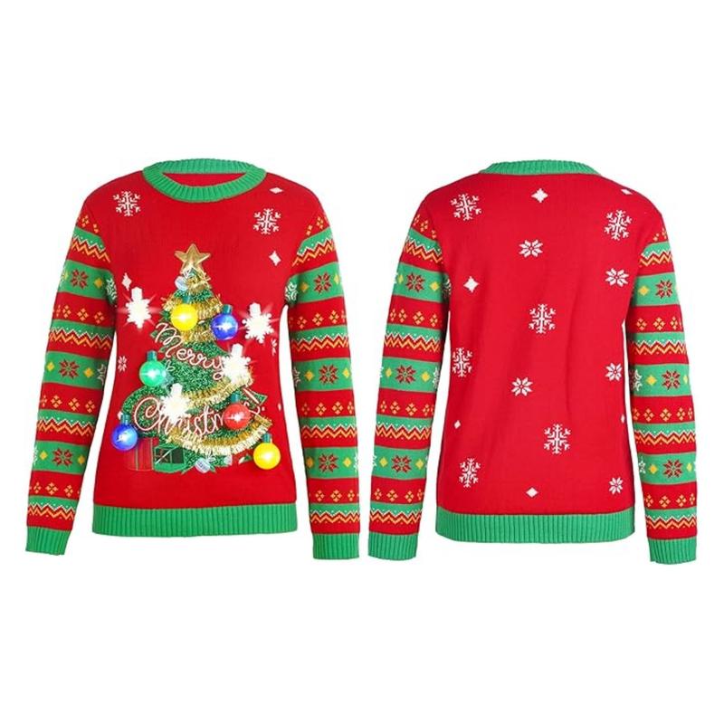 Giggling Getup Ugly Sweater Christmas Women Light Up with Funny 3D Christmas Tree, Red Xmas Knitted Pattern Sweater